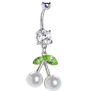  Crystalline Gem Pearl Cherry Dangle Belly Ring: Jewelry