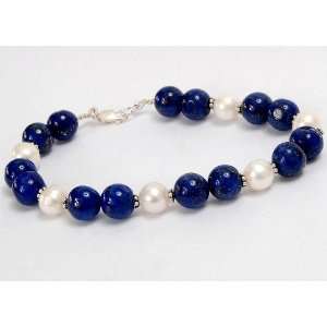 Good Looking Natural Lapuslazuli & Fresh Water Pearl Beaded Bracelet