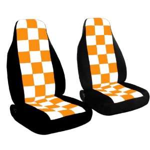  2 black with orange and white checkers, car seat covers 