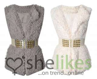 New Womens Belted Sleeveless Waist Coat Ladies Faux Fur Body Warmer 