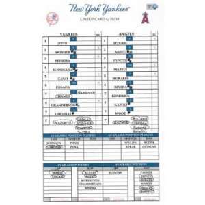  Yankees at Angels 4 25 2010 Game Used Lineup Card 