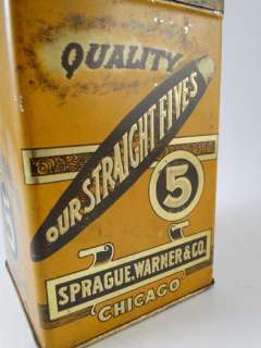 Antique Our Straight Fives Cigar Advertising Tin Can Box Tobacco 