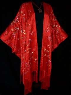 Red Embroidered Silk Kimono Caftan Duster Opera Coat 5x  