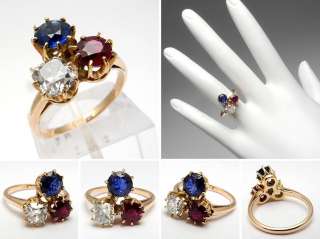   Old Mine Cut Diamond, Blue Sapphire & Ruby Ring Solid 14K Gold  