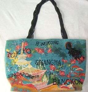 Chicos Far East Theme Blue Tote Style Purse Handbag  