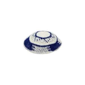  White Knitted Kippah with Blue Sun and Stripes: Everything 