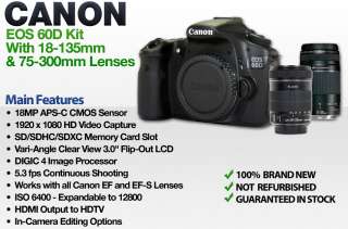 Canon EOS 60D DSLR Kit w/ 18 135mm IS & EF 75 300mm 4460B003 3558B002 