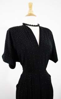 FABULOUS! VINTAGE 1940s ART DECO STRUCTURED black rayon studded dress 