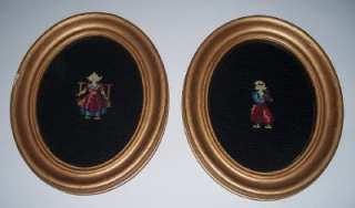 Vintage Oval Framed DUTCH GIRL & BOY NEEDLEPOINT Pair  