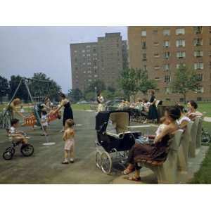  Mothers Watch Children Play on Swings Near High Rise 