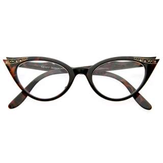 Vintage 1950s Inspired Fashion Clear Lens Cat Eye Glasses with 