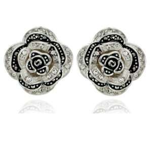    Sterling Silver Marcasite and Crystal Rose Post Earrings: Jewelry