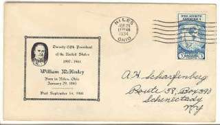 1934 First Day Cover Cachet William McKinley Niles OH  