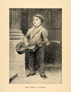 1894 Print Child Boy Guitar Music Street Musician Snow ORIGINAL 