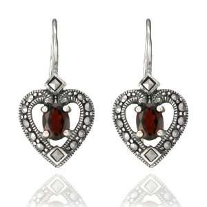    Sterling Silver Marcasite and Garnet Heart Earrings: Jewelry