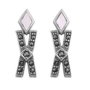   Sterling Silver Dangling Earrings with Pink Pearl & Marcasite: Jewelry