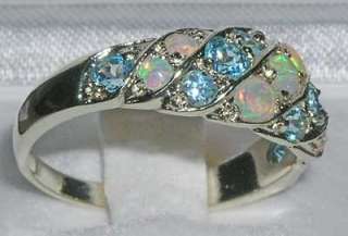 ENGLISH SOLID WHITE GOLD FIERY AAA OPAL BLUE TOPAZ RING  