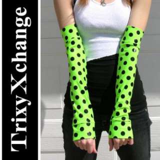 ARM LEG WARMERS LONG GLOVES Neon Green Black Polka Dot  