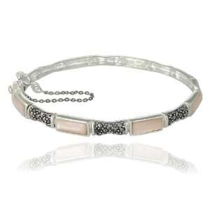   Sterling Silver Marcasite and Pink Shell Bamboo Oval Bangle Bracelet