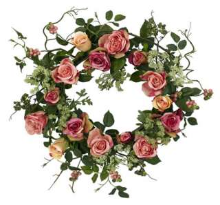   Rose Holiday Door Hanging Silk Flower Wreath NEARLY NATURAL  