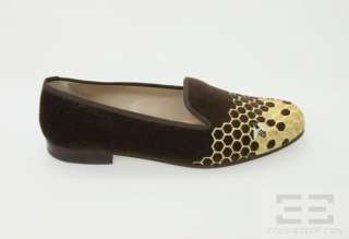 Stubbs & Wootton Brown Velvet Honeycomb Embroidered Flats Size 9.5 