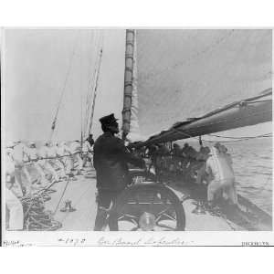  DEFENDER,captain at wheel,sailors,sailing,boat,c1899