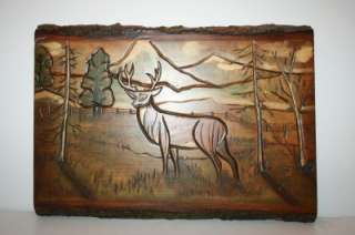 WoodBurning Art Chiseled Colored Deer Wood Plank Plaque  