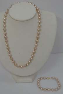   Light Pink Pearl 14K Gold Necklace & Bracelet Jewelry Set 43g  