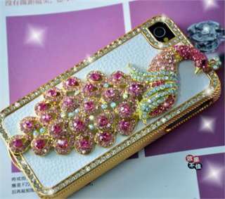 iPhone 4G 4Gs 4S Pink Leather Peacock Diamond Rainstone Bling Case 