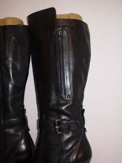 Nine West 7.5 M Tall Black Leather Stiletto Boots Buckle Detail 