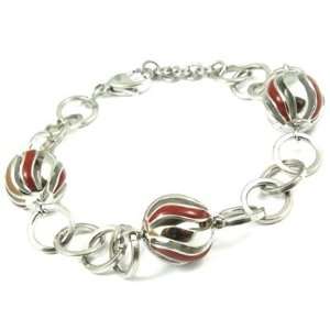 Stainless Steel 7.5 Bracelet   Three orbs of open work stripes in red 