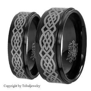  8MM Men & 6MM Women Black Tungsten Carbide Wedding Band Ring Set 