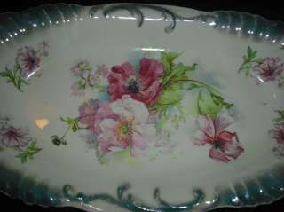 Antique Teal Blue Lusterware Pink Flowers/Floral Platter Dish National 