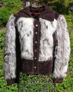 Faux Snow Leopard Fur Suede Vintage Jacket Crop Boho Hippy Animal 