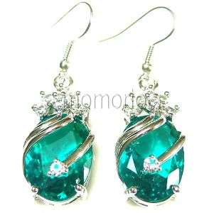 18K WGP Oval green turquoise cz crystal dangle earrings  