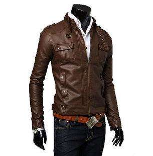 weilin Slim Stylish Premium PU Leather Motocycle Jacket Black Brown M 