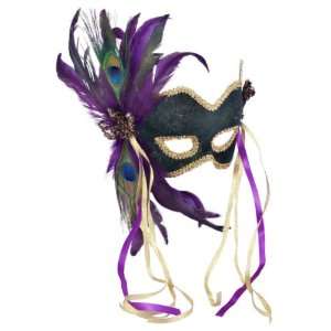  Mardi Gras Mask 010A Venetian Green Velvet With Feathers 