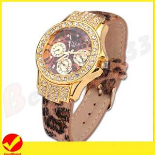 Crystal Decor Leopard Leather Quartz Ladies Wrist Watch  