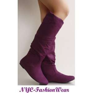  Purple Suede Ruched Flat Boot 