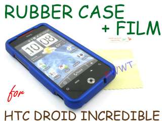 Blue Rubber Cover Hard Case + Film for HTC Droid Incredible 1st 