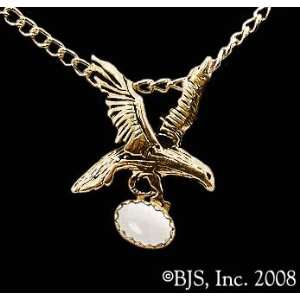 Small Eagle Necklace with Gem, 14k Yellow Gold, Moonstone set gemstone 