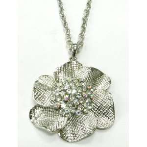   Clear Austrian Crystals 6 Petal Silver toned Flower Pendant Necklace