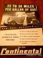 1934 Continental Motors Automobile Catalog ORIG.  