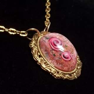 Czech Glass PAPERWEIGHT Pendant Necklace Pink with Roses & Aventurine 