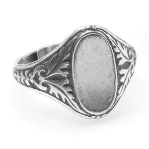 Antiqued Silver Plated Ornate Leaves Glue On 14x7mm Oval Signet Ring 