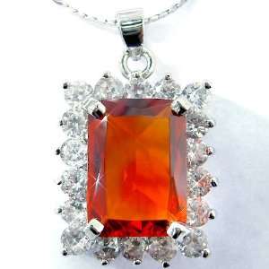 Superior Princess Cut Sterling Silver Simulated Fire Opal Pendant with 