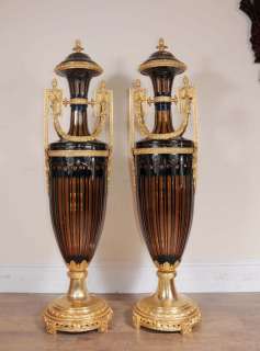 Pair XL French Empire Glass Amphora Urns Vases  