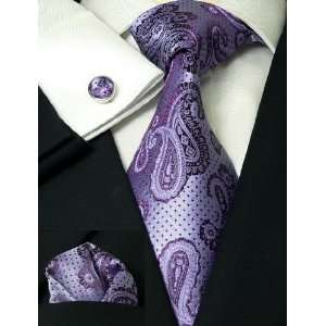  Landisun 60G Purples Paisleys Mens Silk Tie Set Tie+Hanky 