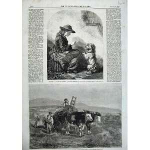   1857 Haymaking Switzerland Cattle Girl Begging Dog Art