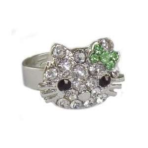  Hello Kitty Ring with Green Crystal Bow   Adjustable Band 